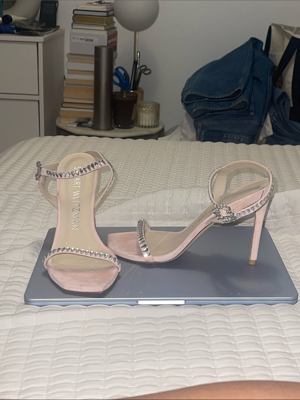 Stuart Weitzman Blush Pink Crystal Strap Suede Heels